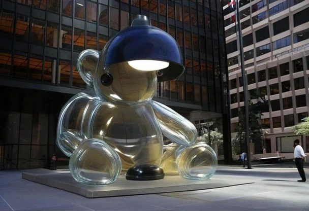 Output: Change the bear’s material to glass.